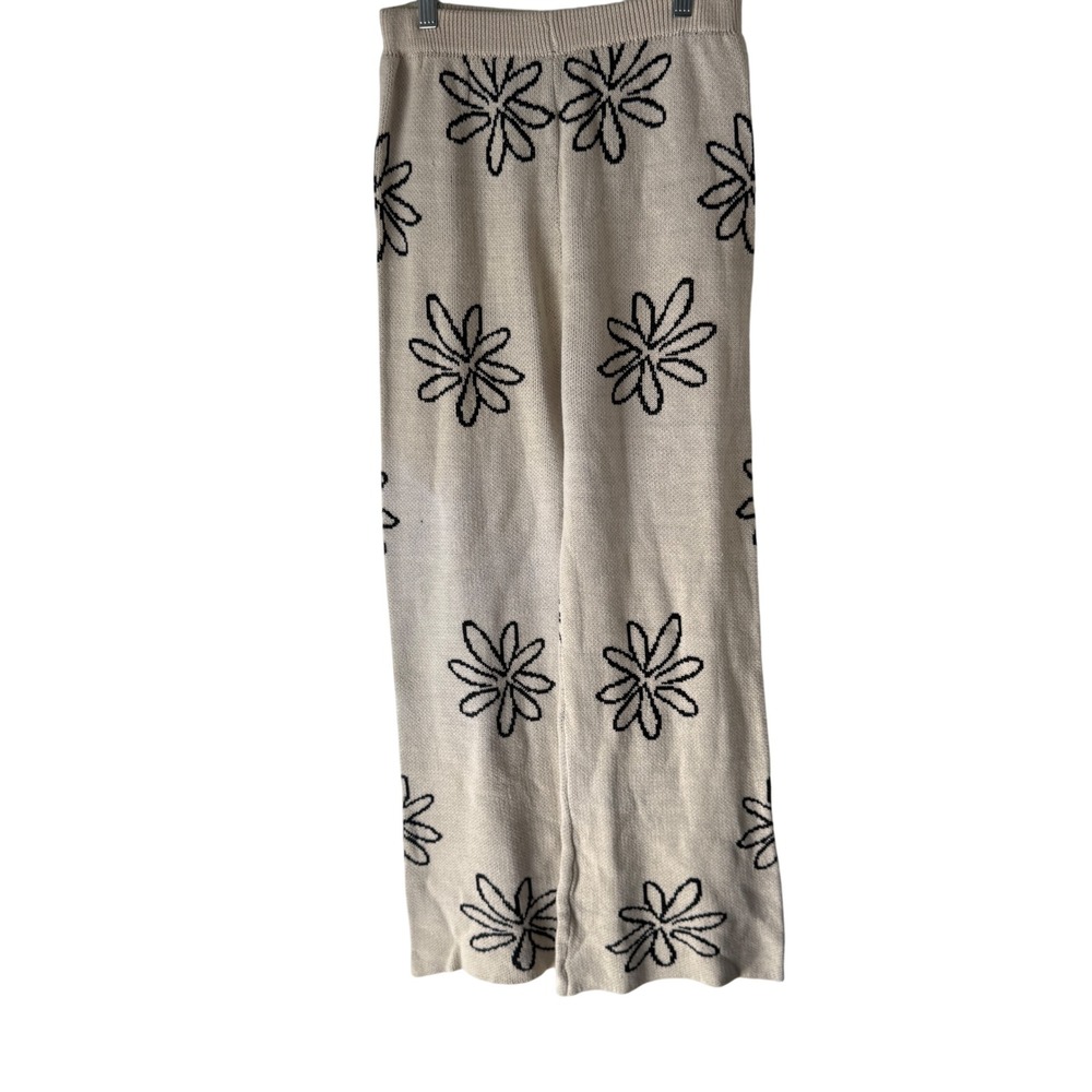 Floral Knit Pants Cream Wide‎ Leg Lounge Pants Trendy Knitwear Bottoms Festival